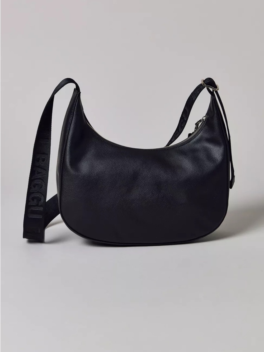 BAGGU Black Leather Crescent Crossbody Bag Medium